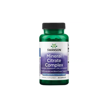 Swanson Mineral Citrate Complex, 60 capsules, is a dietary supplement in a green bottle formulated with essential minerals for cardiovascular and blood sugar support.